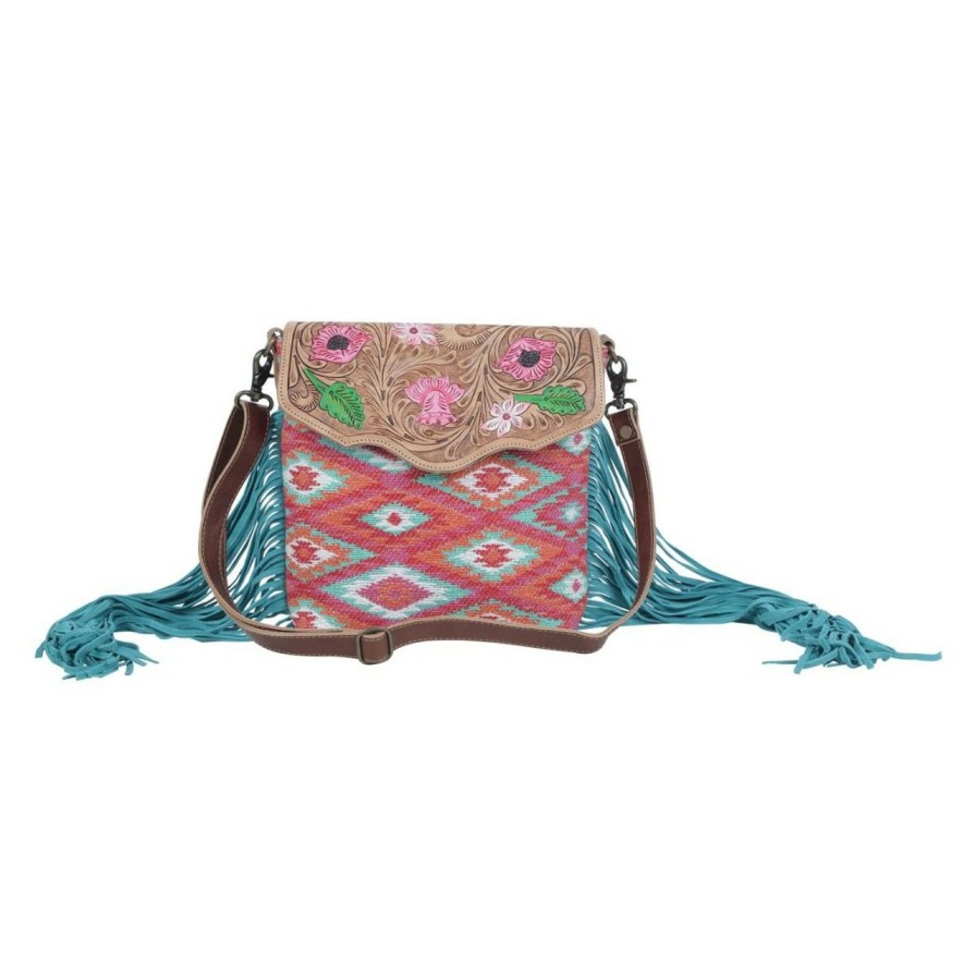 Accessories * | Clearance Sale Floral Pink Hand Tooled Fringe Bag