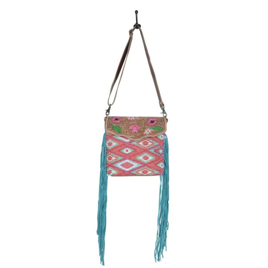 Accessories * | Clearance Sale Floral Pink Hand Tooled Fringe Bag