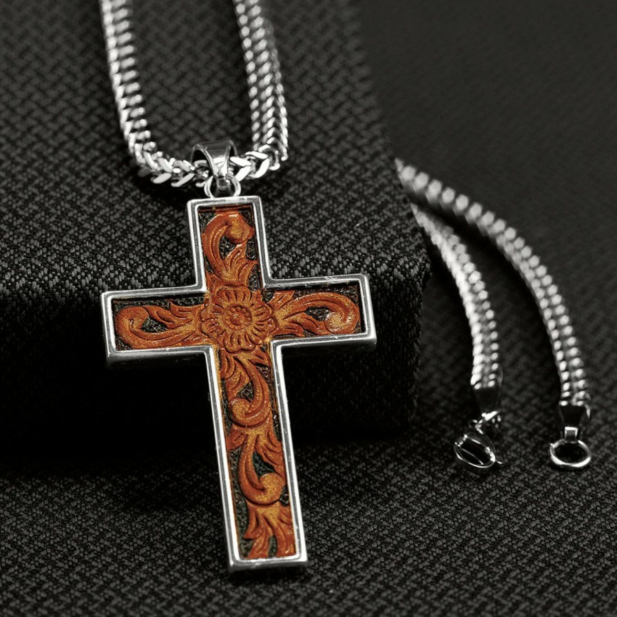 Men * | Exquisite Gifts Leather Inlay Cross Necklace