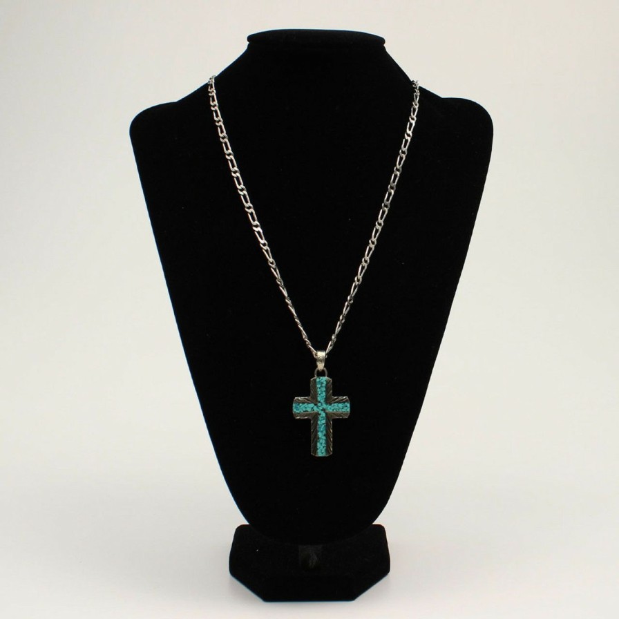 Men * | Best Sellers Silver Strike Men'S Turquoise Silver Cross Necklace