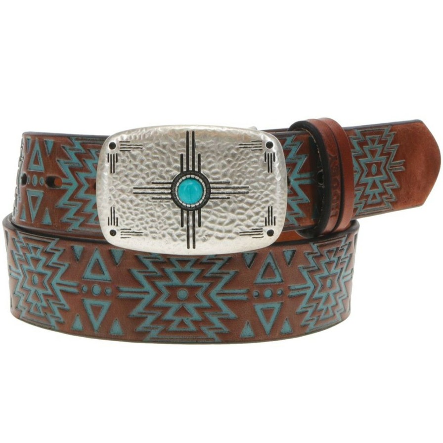 Accessories * | Official Hooey Brown Leather Aztec Belt